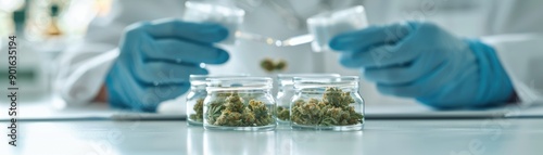 Scientist in a laboratory studying cannabis samples in jars, wearing blue gloves and white lab coat, conducting research on medical marijuana. photo