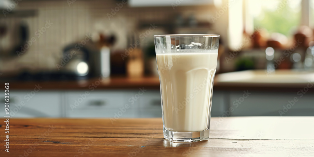 Banner a glass of milk stands on a table on a blue background. Concept template for advertising dairy products, proper nutrition and vitamins, copyspace Banner a glass of milk stands on a table on a blue background. Concept template for advertising dairy products, proper nutrition and vitamins, copyspace