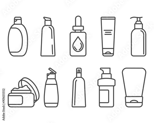 Collection vector icons of beauty, cosmetics and care. Bottle, jar, shower gel, face cream, body lotion, spray, ointment, paste.