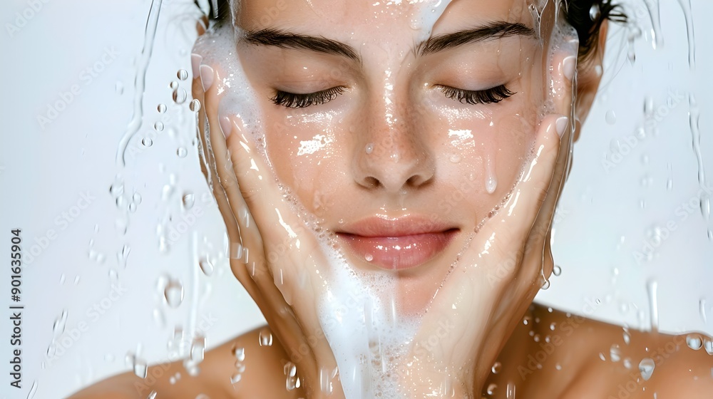 Close-up of a Woman's Serene Facial Expression with Glowing,Healthy Skin Under Water Splash Close-up of a Woman's Serene Facial Expression with Glowing,Healthy Skin Under Water Splash