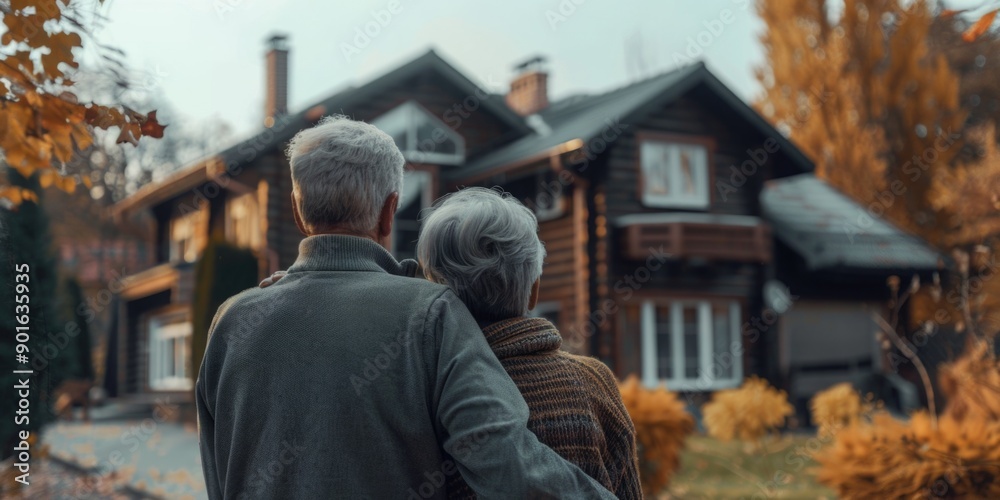 A couple of older people are standing in front of a house. They are holding hands and looking at the house A couple of older people are standing in front of a house. They are holding hands and looking at the house