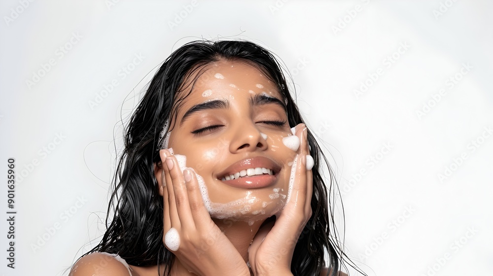 Peaceful Asian Woman Enjoying Serene Skincare Moment with Closed Eyes Peaceful Asian Woman Enjoying Serene Skincare Moment with Closed Eyes