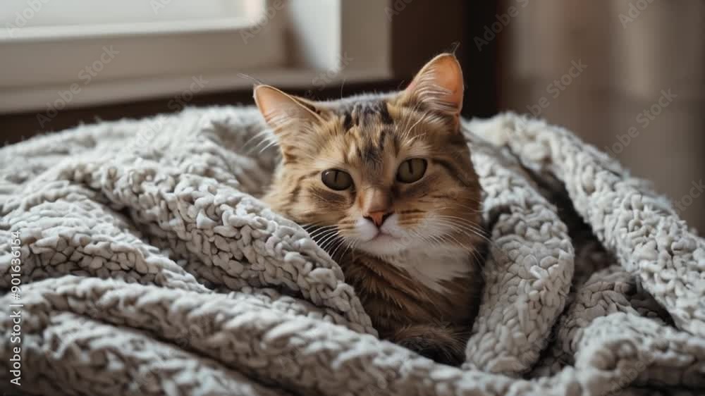 Cute domestic cat resting on soft blanket Cute domestic cat resting on soft blanket