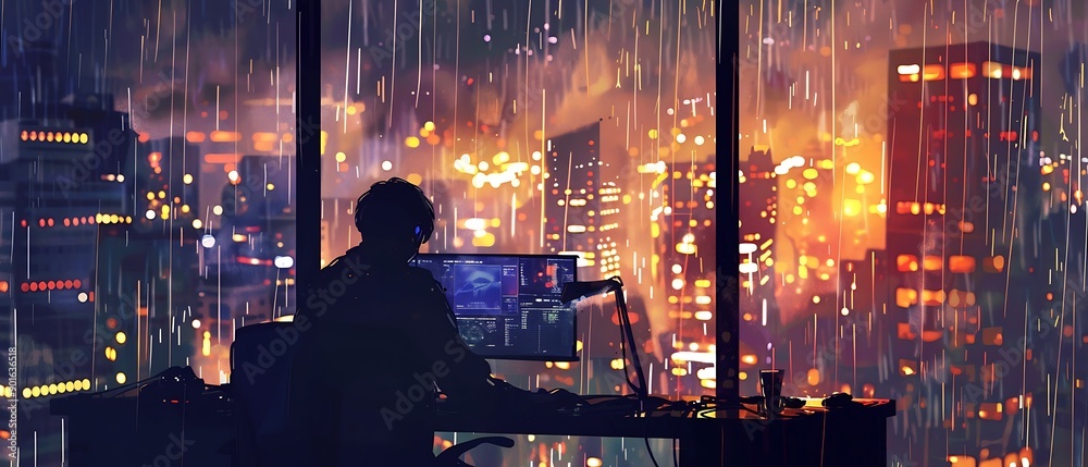 Fototapeta premium Silhouette of a person working on a computer in front of a window overlooking a rainy city at night.