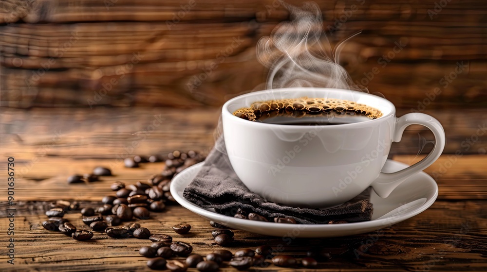 A white cup of coffee with steam rising, placed on a rustic wooden background with beans. A white cup of coffee with steam rising, placed on a rustic wooden background with beans.