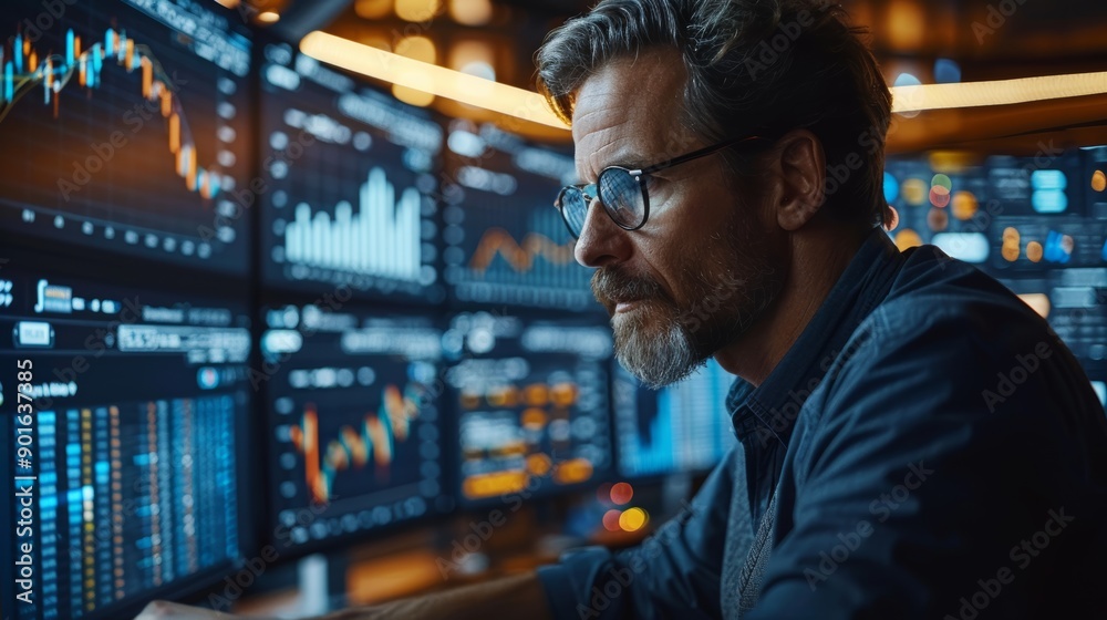 Professional Trader Analyzing Stock Market Data in Modern Office During Evening Hours. Generative AI Professional Trader Analyzing Stock Market Data in Modern Office During Evening Hours. Generative AI