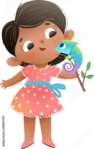 Cute little Latin girl and her chameleon lizard pet. Kindergarten girl wearing cute dress, character illustration. Kids vector graphic illustration for children, hand drawn cartoon.