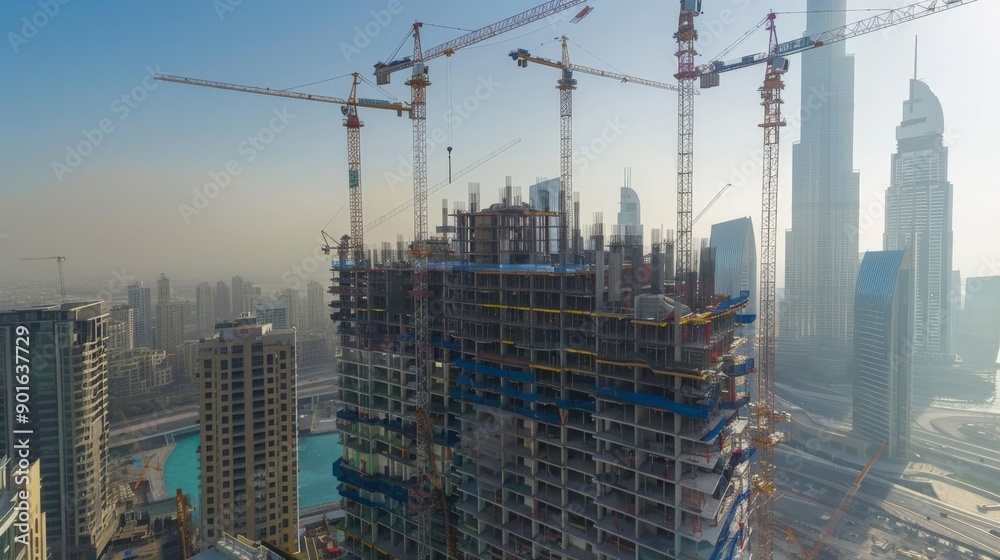 Skyscraper construction site with cranes and workers Skyscraper construction site with cranes and workers