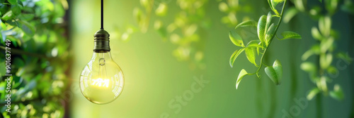 Energy saving day. Light bulb among green leaves on a green background. Environmental protection, renewable, sustainable energy sources. Earth Day. Save world and energy power. Free space for text photo