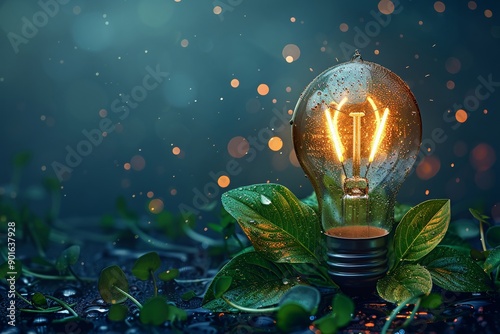 Simple lightbulb with ecofriendly icon minimalistic flat green background art space for text