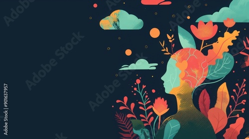 A colorful illustration of a woman's silhouette amidst vibrant plants and clouds, symbolizing creativity and nature. © Kin no Hikari
