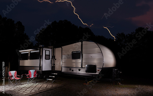 Obraz na płótnie Lightning strike at night behind an RV w salonie