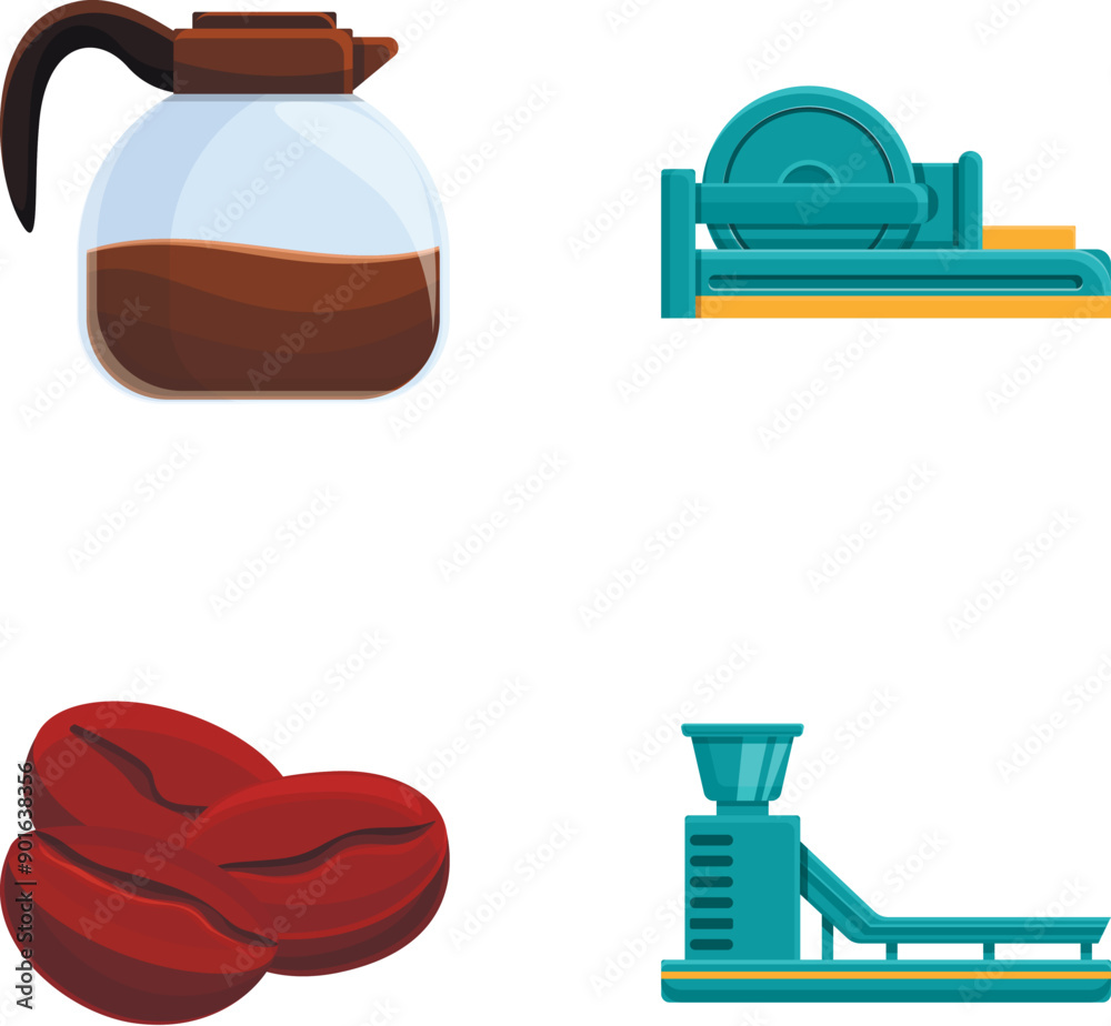 Coffee production icons set cartoon vector. Packing machine and coffee maker. Eco product Coffee production icons set cartoon vector. Packing machine and coffee maker. Eco product