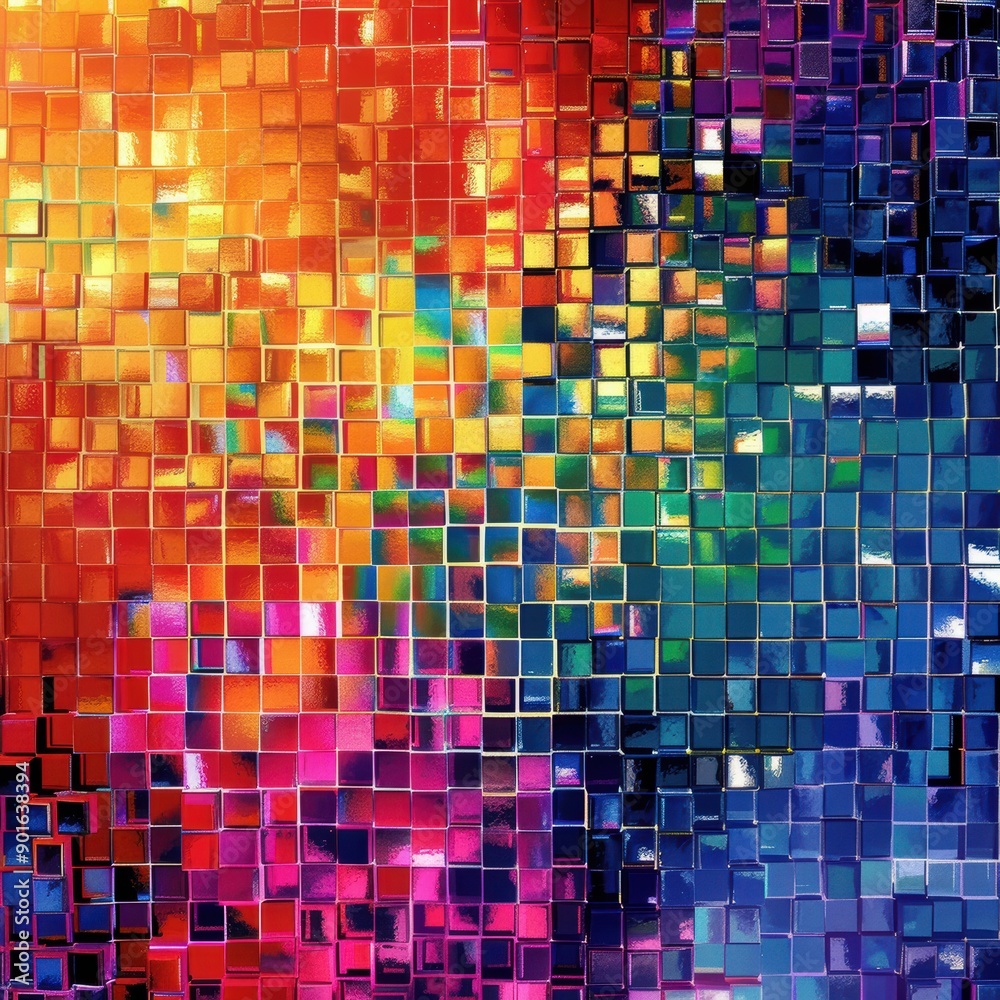 Vibrant Mosaic Pattern with Multicolored Tiles Creating a Dynamic Abstract Design, Colorful mosaic pattern with vibrant squares in shades of red, orange, yellow, green, blue, and purple gradient Vibrant Mosaic Pattern with Multicolored Tiles Creating a Dynamic Abstract Design, Colorful mosaic pattern with vibrant squares in shades of red, orange, yellow, green, blue, and purple gradient