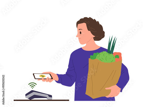 Man cartoon character buying groceries paying for products with smartphone by pos terminal