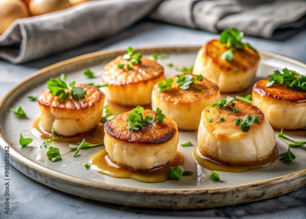 Sizzling scallops, golden-brown pastry, and fresh herbs adorn a elegant plate, set atop a polished marble counter in a modern, upscale kitchen setting. Sizzling scallops, golden-brown pastry, and fresh herbs adorn a elegant plate, set atop a polished marble counter in a modern, upscale kitchen setting.