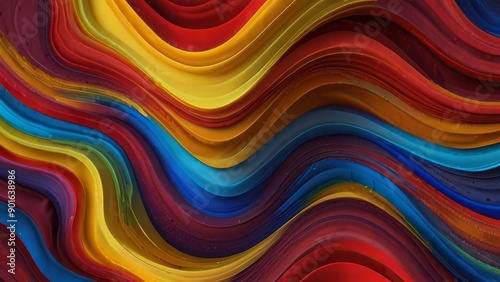 a vibrant abstract background featuring fluid, wave-like patterns in bold colors such as crimson, cobalt blue, and sunny yellow, 3d