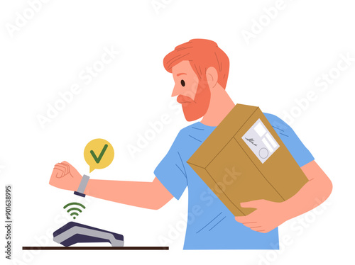Man character using contactless payment technology by smartwatch and pos terminal at post office