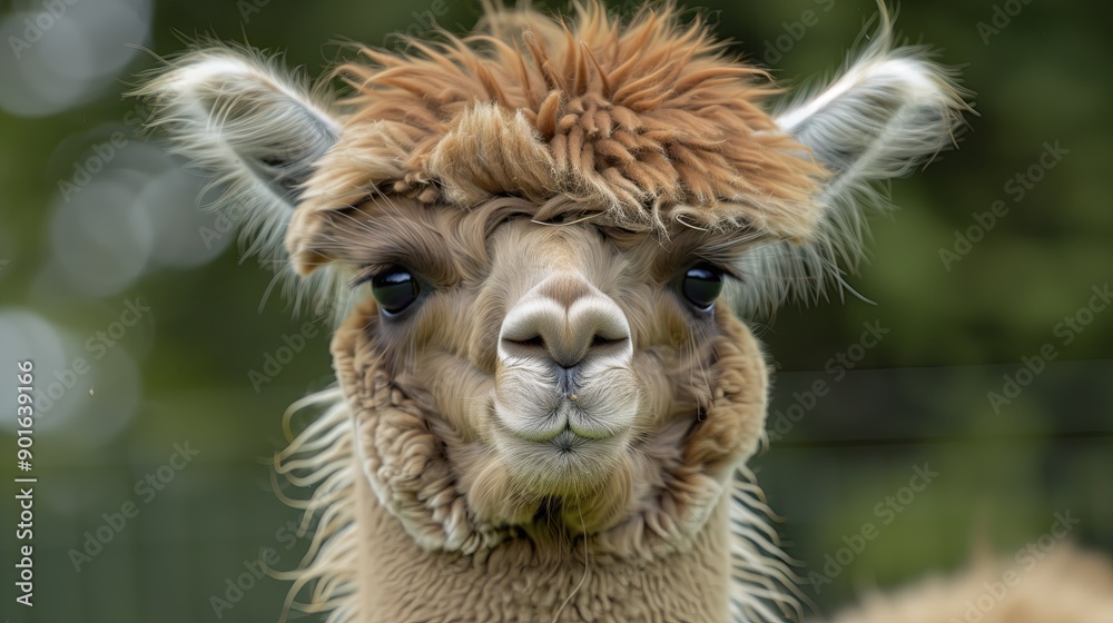 Obraz premium Portrait of brown alpaca. Pet looks at viewer. Macro photography. Contact zoo. Animal close up. Safari park.