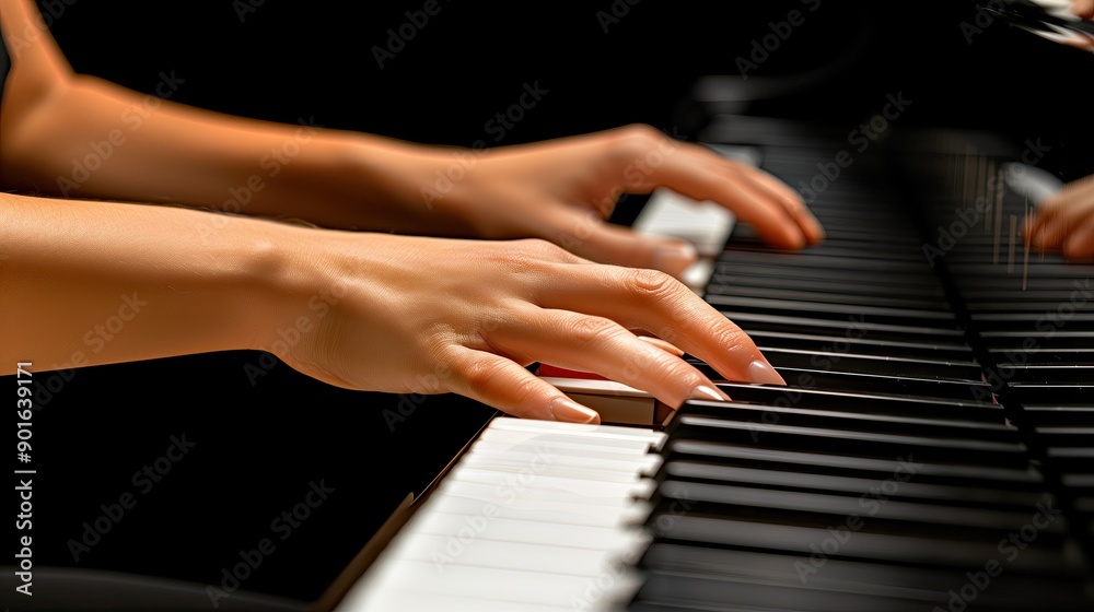 Fototapeta premium Hands on piano side view. School of playing classical musical instruments. Black grand piano.