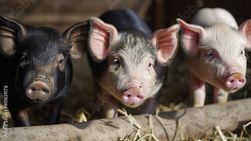 Three small pigs of different colors in an enclosure. Contact zoo or agricultural farm. Macro photography. Minipigs. photo