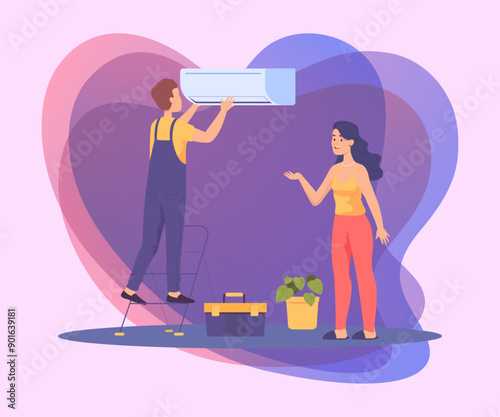Cartoon woman next to repairman fixing air conditioner. Home ventilation or HVAC system, engineer repairing cooling or heating unit in room flat vector illustration. Repair service concept
