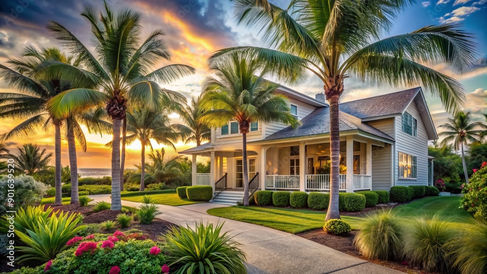 Fototapeta premium Serene beach house with lush palm trees, vibrant tropical landscaping, and tranquil outdoor spaces inviting relaxation in a stunning Florida coastal setting.