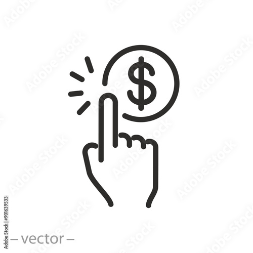 money click icon, finger presses, dollar coin, vector illustration, for website, app, ui