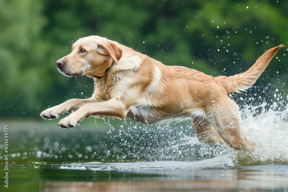 Moment of a Majestic Labrador Retriever's Leaping Dive. Capturing the Sparkling Lake, Joyful Retrieval Moment of a Majestic Labrador Retriever's Leaping Dive. Capturing the Sparkling Lake, Joyful Retrieval