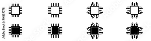 Set of vector icons of computer printed circuit board or AI chip.