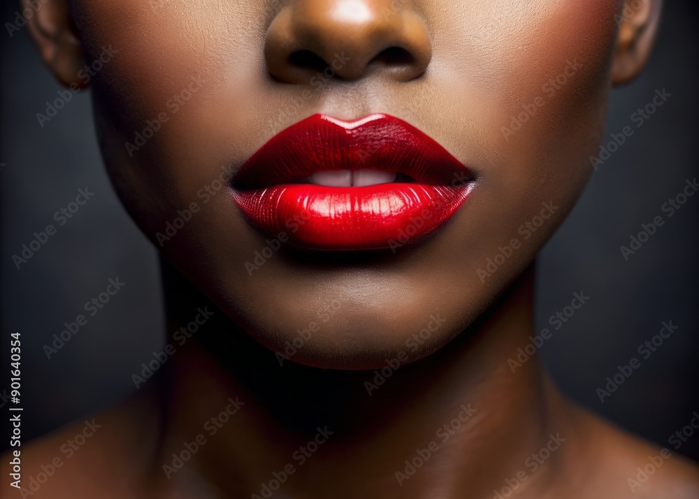 Fototapeta premium Close-up of luscious red lips against dark skin, evoking classic sophistication and elegance, perfect for beauty, fashion, and luxury brand representation.