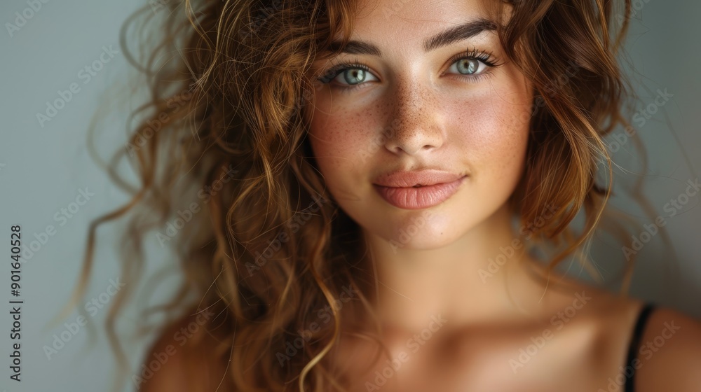Portrait of a beautiful woman with curly hair and freckles, smiling confidently Portrait of a beautiful woman with curly hair and freckles, smiling confidently