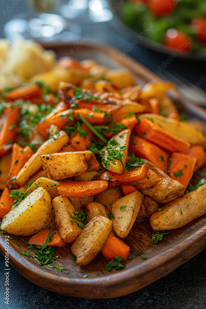 Golden fried potatoes and vegetables with herbs on plates. Vertical background for menus, restaurants, appetizing dish of fresh vegetables Golden fried potatoes and vegetables with herbs on plates. Vertical background for menus, restaurants, appetizing dish of fresh vegetables