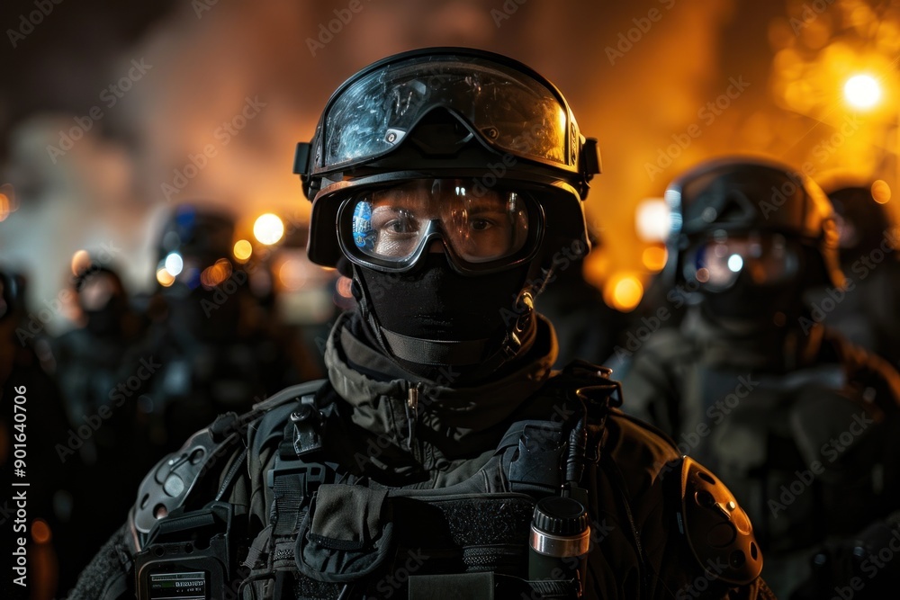 Police special squad fighting mass riots is ready to confront with its commander in the center Police special squad fighting mass riots is ready to confront with its commander in the center