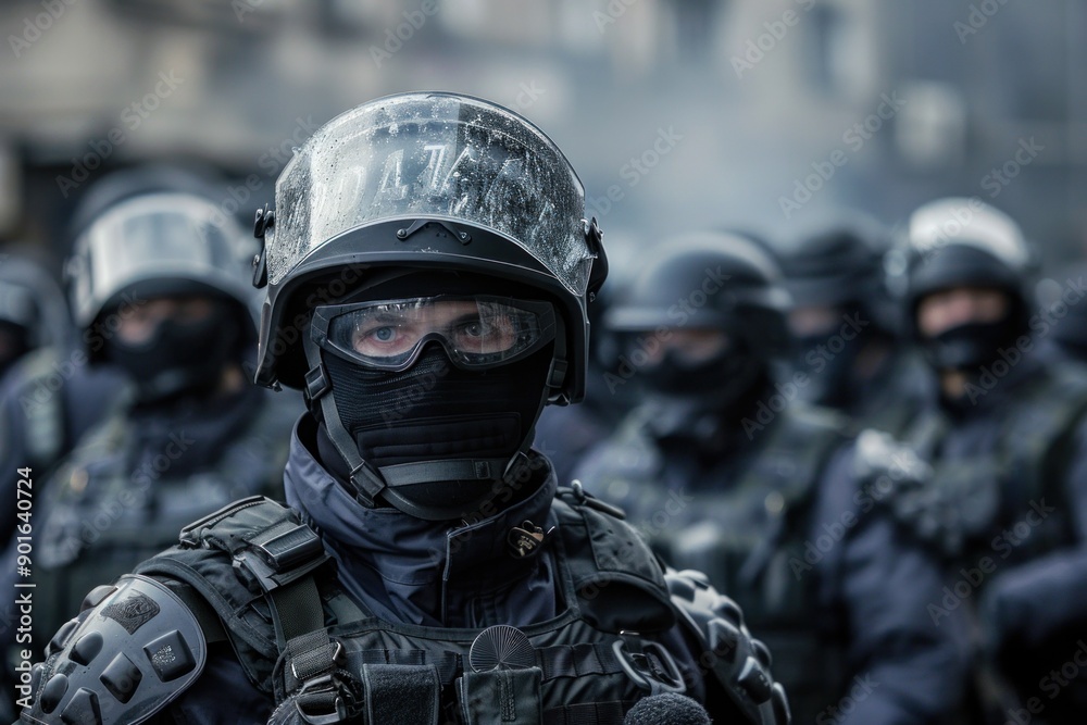 Police special squad fighting mass riots is ready to confront with its commander in the center Police special squad fighting mass riots is ready to confront with its commander in the center