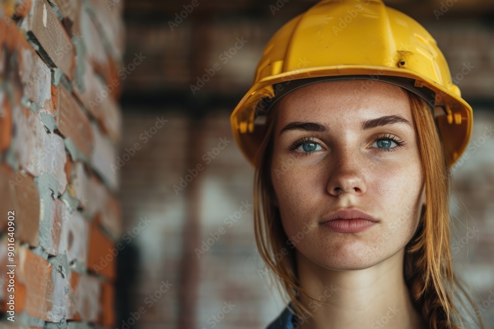Portrait of a young female construction worker wearing yellow hard hat, studio shot, brick wall blurred background Portrait of a young female construction worker wearing yellow hard hat, studio shot, brick wall blurred background