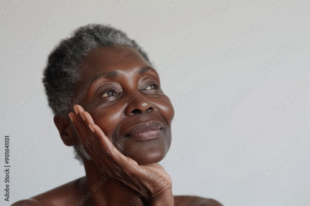 Obraz premium Pretty old black woman touching her perfect skin, spa and body care, cosmetic and skincare, on white background