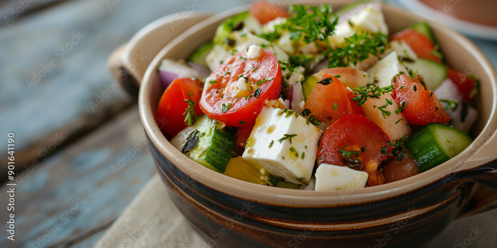 Fresh greek salad on a table. Design background banner for menu, appetizing display. Healthy eating, haute cuisine, seasonal vegetables Fresh greek salad on a table. Design background banner for menu, appetizing display. Healthy eating, haute cuisine, seasonal vegetables