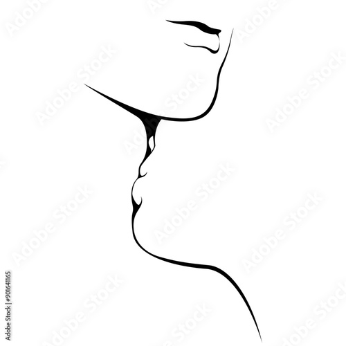 vector black and white illustration of silhouette of two people in love. girl kissing guy on neck. isolated on white background. useful for valentine's day cards, wedding invitation, print, poster.