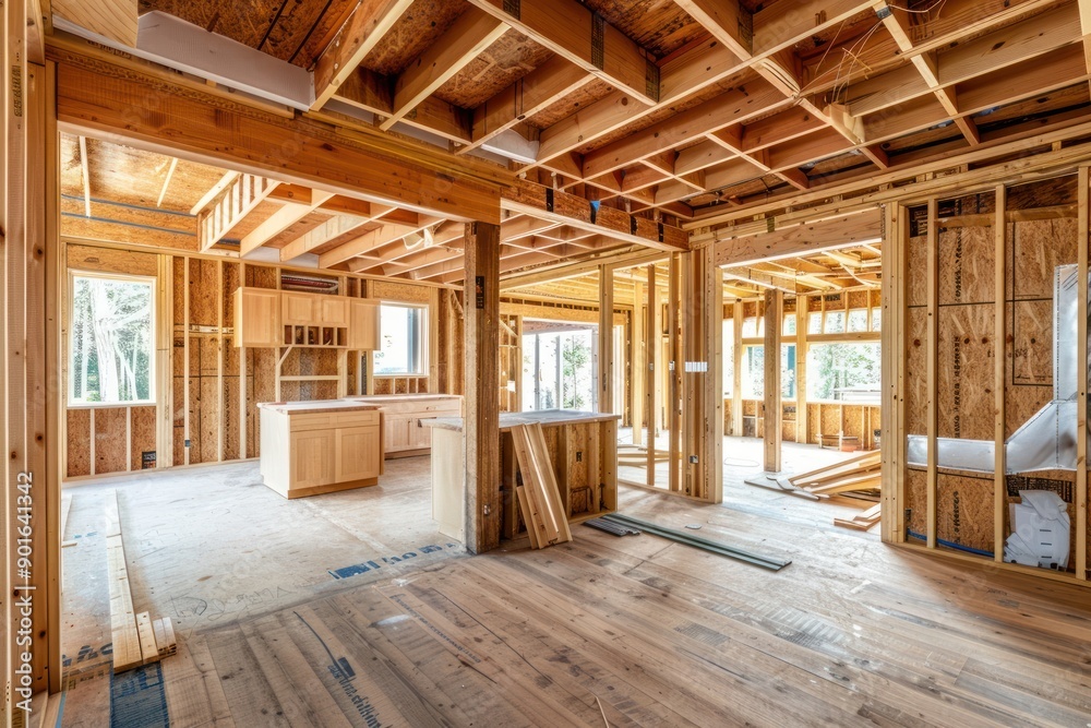 Progression from house construction framing to a fully completed kitchen build Progression from house construction framing to a fully completed kitchen build