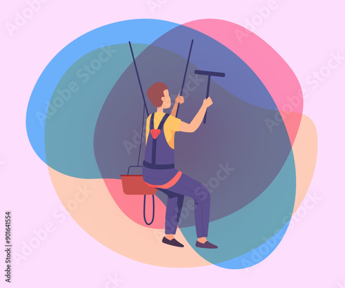 Industrial alpinist cleaning window flat vector illustration. Rope access window cleaning, man in uniform at height. Cleaning service concept for banner or landing page