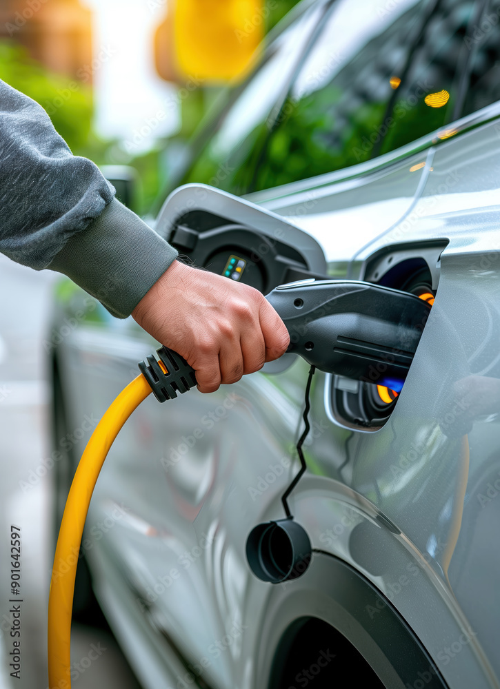Close-up of a hand driver of the electric car inserts the electrical connector to charge the batteries. symbolizing eco-friendly transportation Close-up of a hand driver of the electric car inserts the electrical connector to charge the batteries. symbolizing eco-friendly transportation