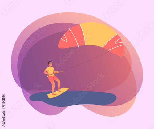 Man kitesurfing at sea flat vector illustration. Male surfer doing physical activity during holiday, having fun. Extreme water sports game, recreation, hobby concept