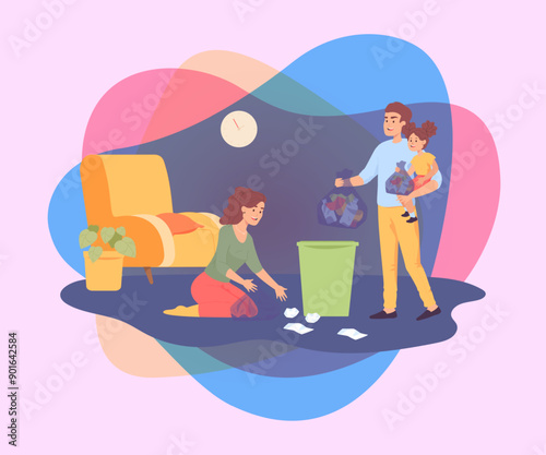 Mother, father and daughter cleaning apartment together. Cartoon people putting garbage in bucket and making room tidy flat vector illustration. Family, housework concept for banner, website design