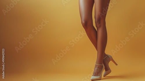 Portrait of woman’s legs in high heels on a yellow background, plus size fashion and body positivity photo