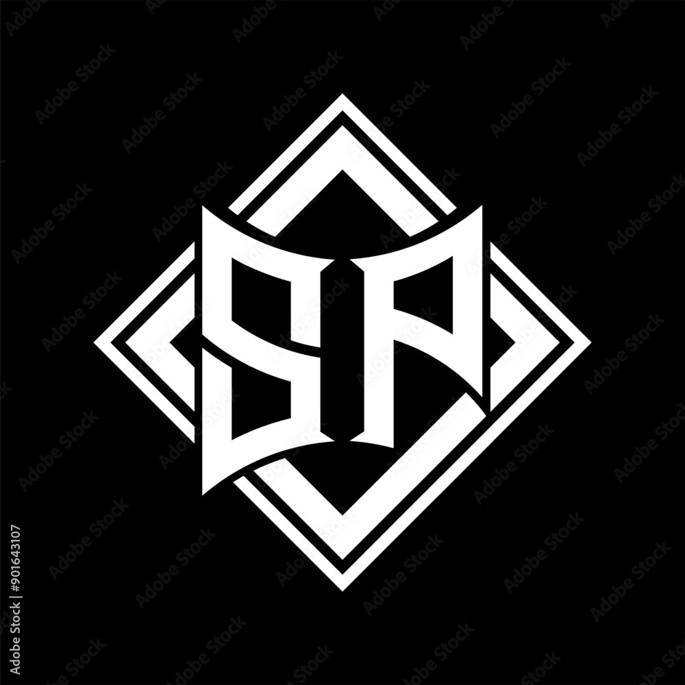 SP Letter logo abstract shield shape with square white outline on black background template SP Letter logo abstract shield shape with square white outline on black background template