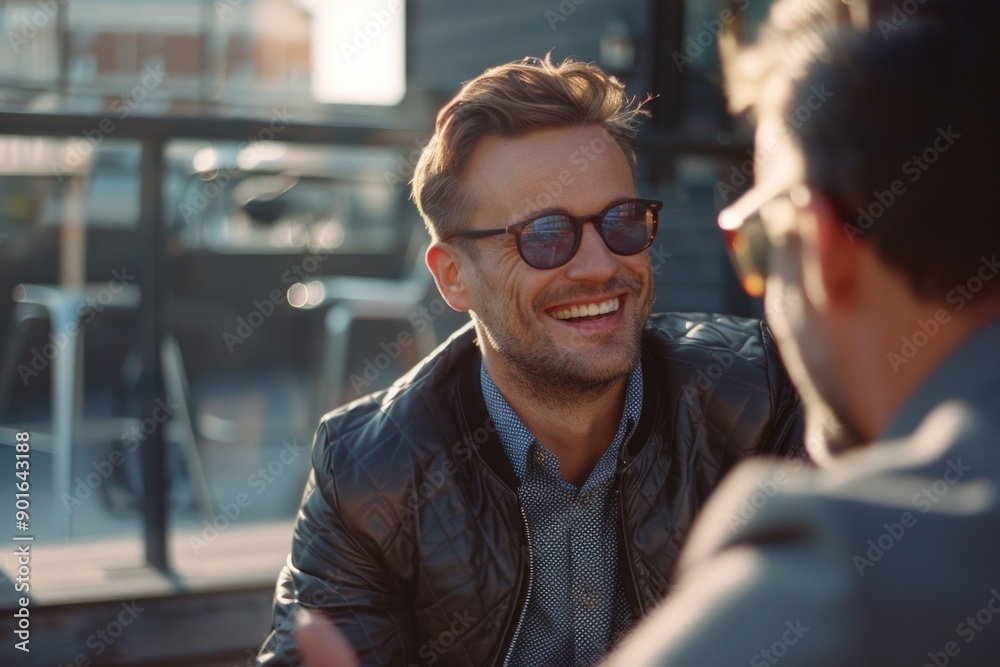 A man wearing sunglasses and a black jacket is smiling at someone. The scene is outdoors and there are several chairs and dining tables in the background A man wearing sunglasses and a black jacket is smiling at someone. The scene is outdoors and there are several chairs and dining tables in the background