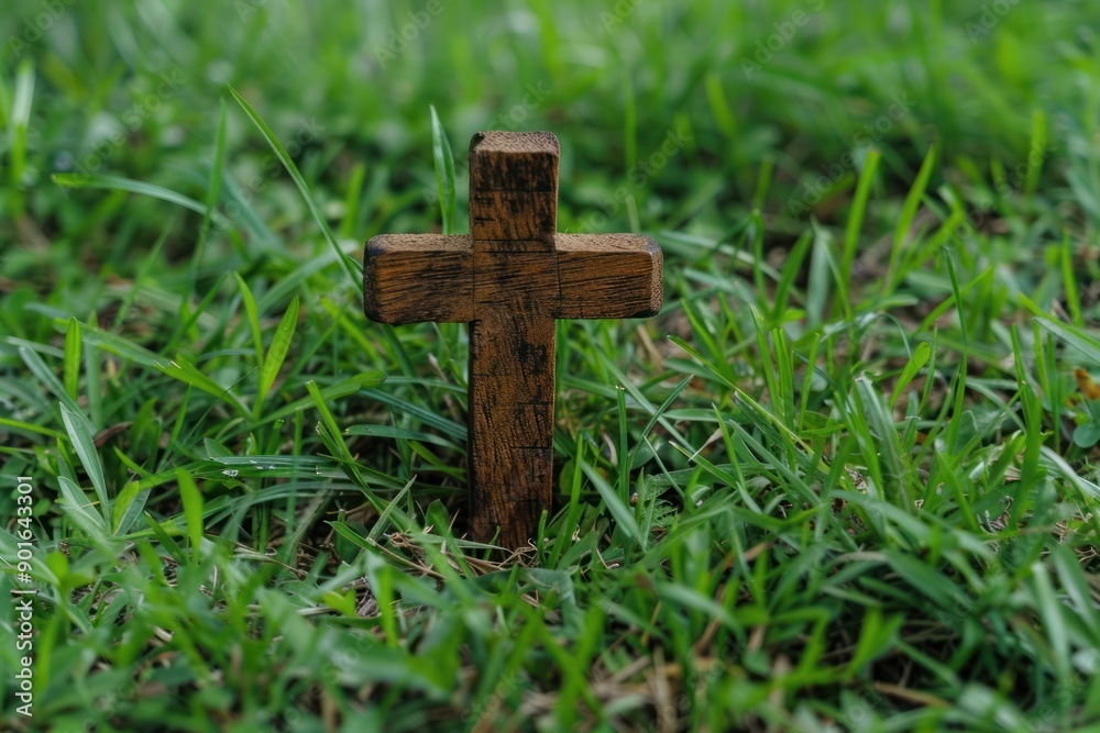 Small wooden cross on green grass lawn, pet's grave Small wooden cross on green grass lawn, pet's grave