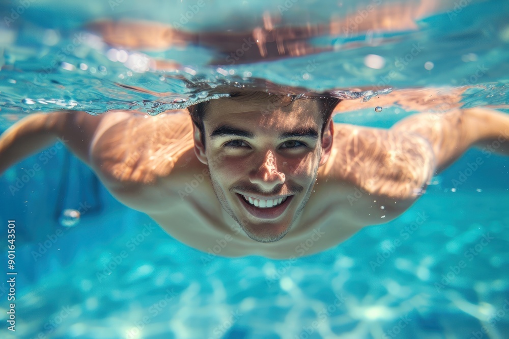 Fototapeta premium smiling young active man swimming underwater in the pool
