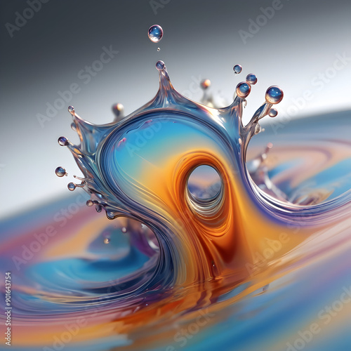 An exquisite macro photography closeup of a long, mesmerizingly flat splash of iridescent matte liquid